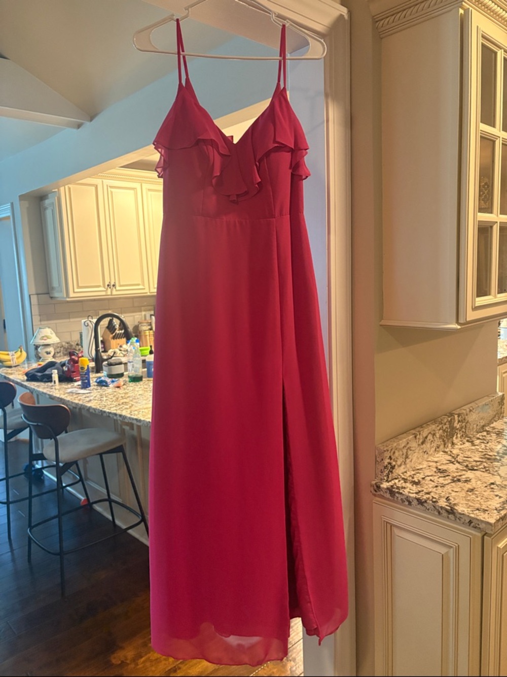 Azazie pink Ruffle V-Neck Maxi Dress